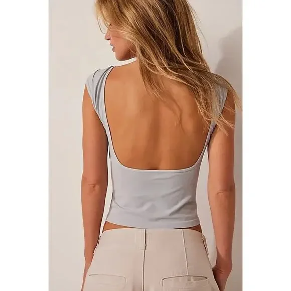 Free People Intimately Low Back Cap Sleeve Seamless Tee - L - Picture 2 of 3
